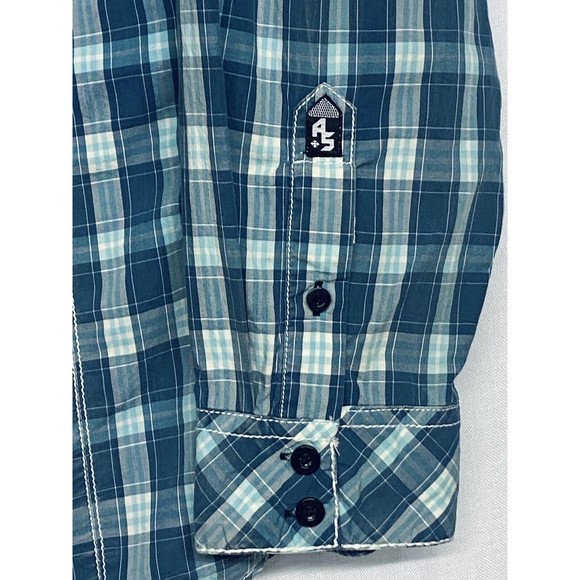 Austin Season Men's Embroidered Blue Plaid Long Sleeve Button Up Western Shirt L - Picture 7 of 14